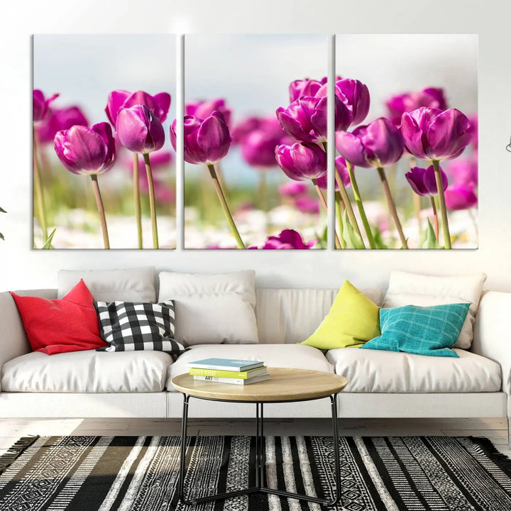 A triptych of purple tulips adds elegance to a modern living room. The Purple Tulips Canvas Wall Art Print, crafted on museum-quality canvases, captures the essence of professional artistry.