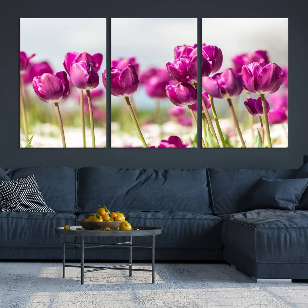 A triptych of purple tulips adds elegance to a modern living room. The Purple Tulips Canvas Wall Art Print, crafted on museum-quality canvases, captures the essence of professional artistry.