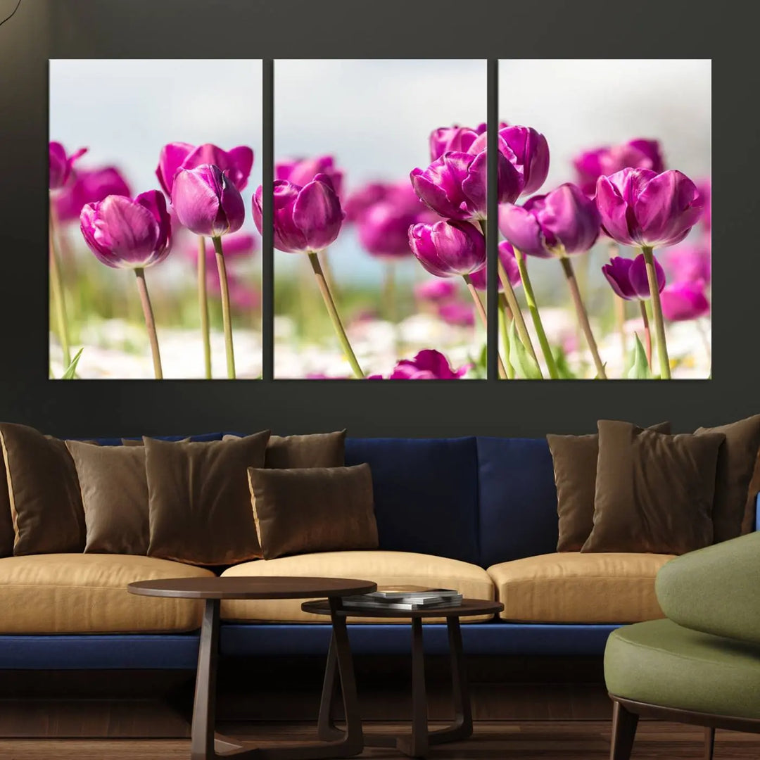 A triptych of purple tulips adds elegance to a modern living room. The Purple Tulips Canvas Wall Art Print, crafted on museum-quality canvases, captures the essence of professional artistry.