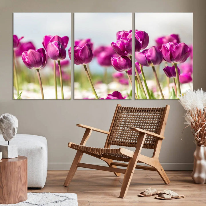 A triptych of purple tulips adds elegance to a modern living room. The Purple Tulips Canvas Wall Art Print, crafted on museum-quality canvases, captures the essence of professional artistry.