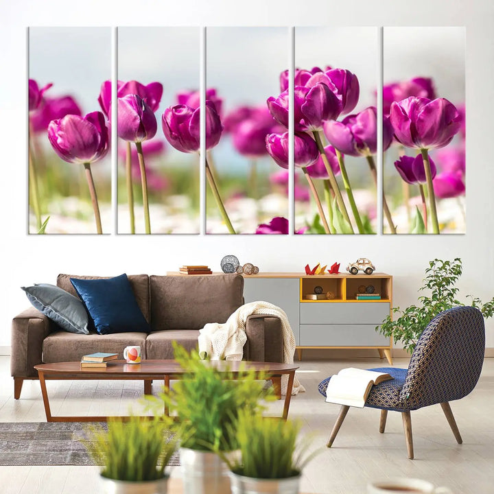 A triptych of purple tulips adds elegance to a modern living room. The Purple Tulips Canvas Wall Art Print, crafted on museum-quality canvases, captures the essence of professional artistry.