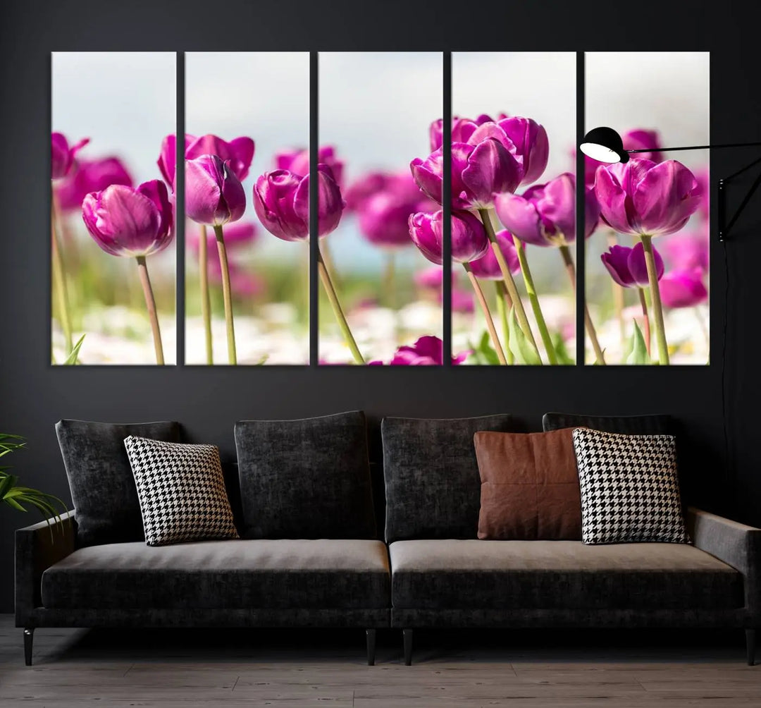 A triptych of purple tulips adds elegance to a modern living room. The Purple Tulips Canvas Wall Art Print, crafted on museum-quality canvases, captures the essence of professional artistry.