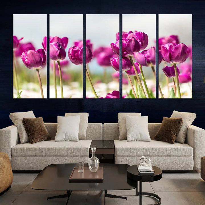 A triptych of purple tulips adds elegance to a modern living room. The Purple Tulips Canvas Wall Art Print, crafted on museum-quality canvases, captures the essence of professional artistry.