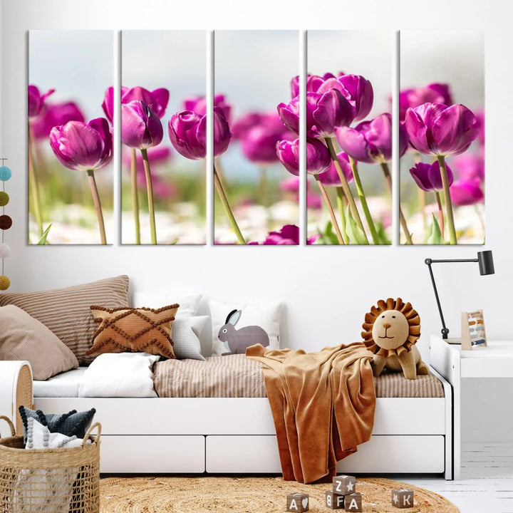 A triptych of purple tulips adds elegance to a modern living room. The Purple Tulips Canvas Wall Art Print, crafted on museum-quality canvases, captures the essence of professional artistry.