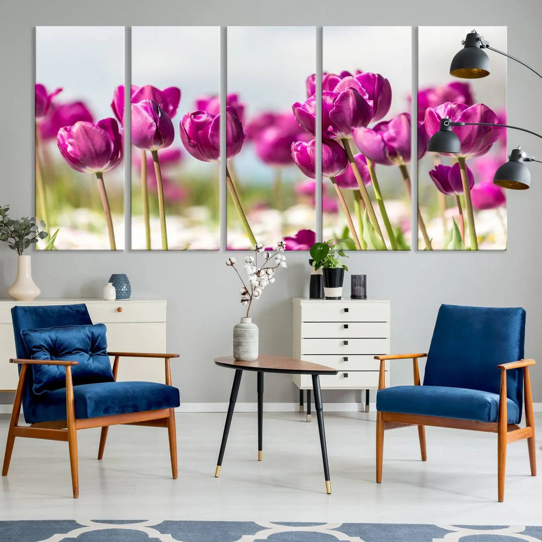 A triptych of purple tulips adds elegance to a modern living room. The Purple Tulips Canvas Wall Art Print, crafted on museum-quality canvases, captures the essence of professional artistry.