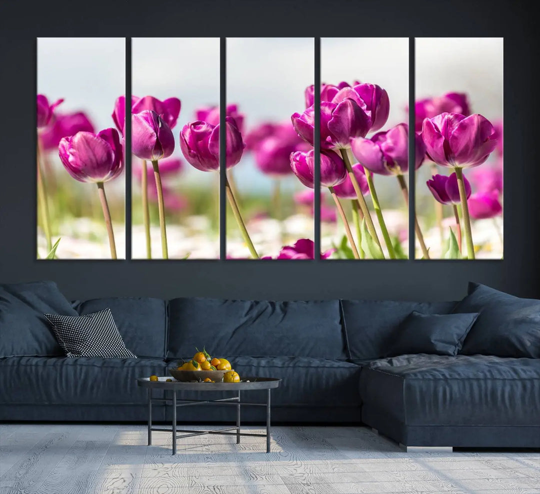 A triptych of purple tulips adds elegance to a modern living room. The Purple Tulips Canvas Wall Art Print, crafted on museum-quality canvases, captures the essence of professional artistry.