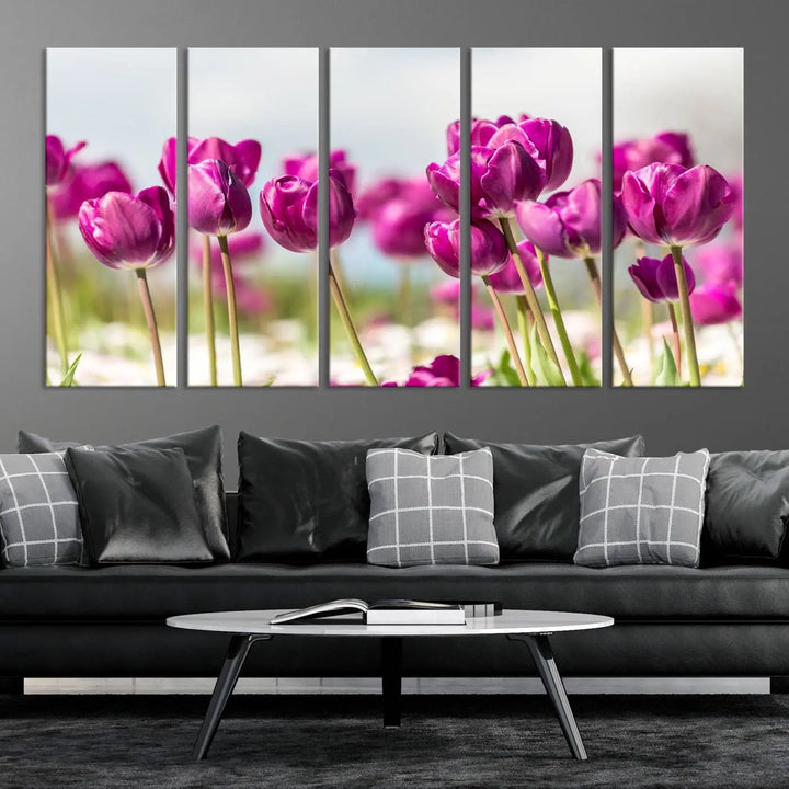 A triptych of purple tulips adds elegance to a modern living room. The Purple Tulips Canvas Wall Art Print, crafted on museum-quality canvases, captures the essence of professional artistry.