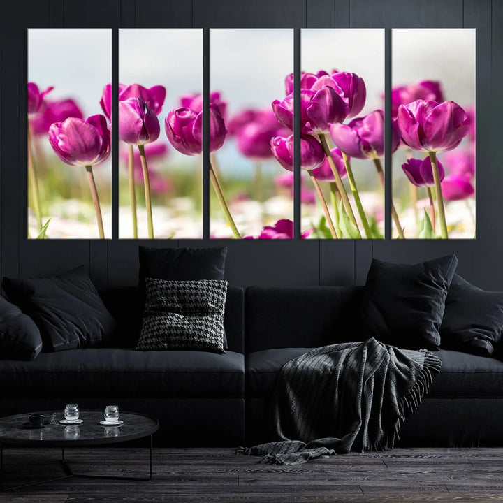 A triptych of purple tulips adds elegance to a modern living room. The Purple Tulips Canvas Wall Art Print, crafted on museum-quality canvases, captures the essence of professional artistry.