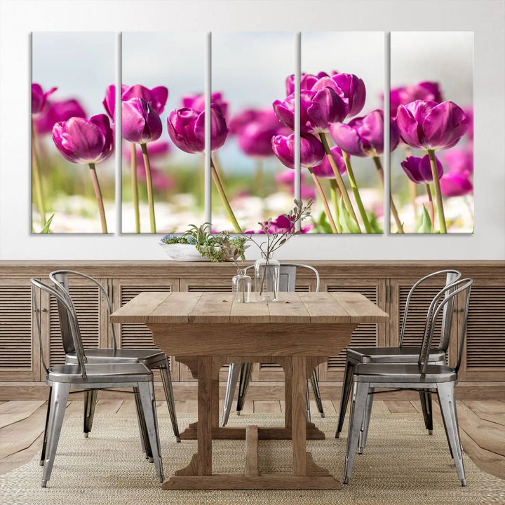 A triptych of purple tulips adds elegance to a modern living room. The Purple Tulips Canvas Wall Art Print, crafted on museum-quality canvases, captures the essence of professional artistry.