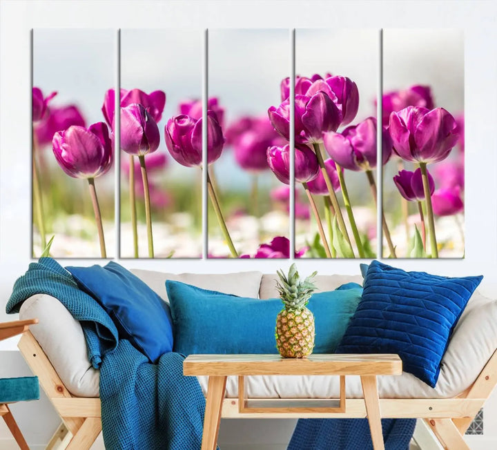 A triptych of purple tulips adds elegance to a modern living room. The Purple Tulips Canvas Wall Art Print, crafted on museum-quality canvases, captures the essence of professional artistry.