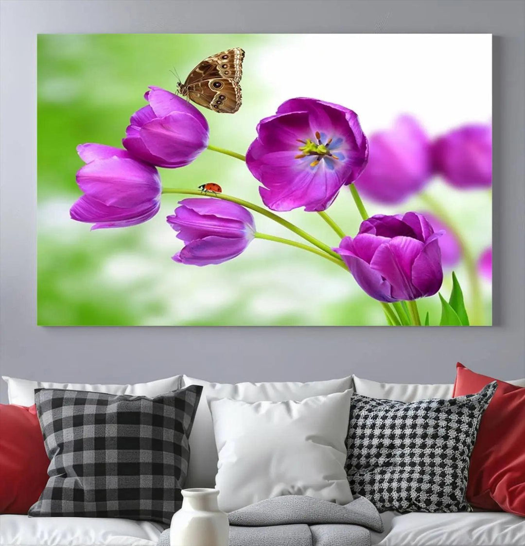 Purple Tulips, Butterfly and Ladybug Wall Art Floral Canvas Print 