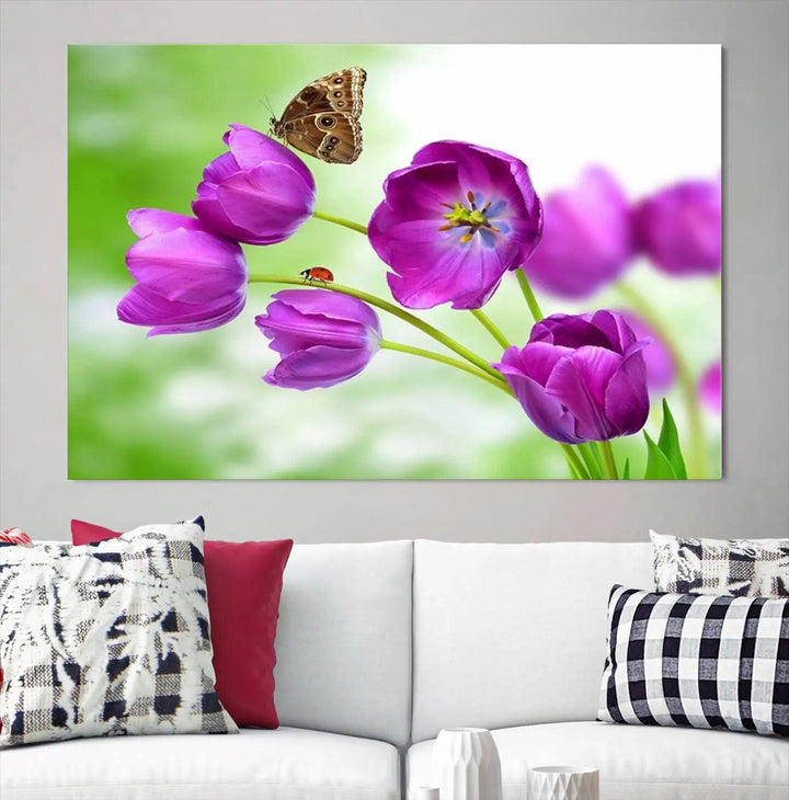 Purple Tulips, Butterfly and Ladybug Wall Art Floral Canvas Print 