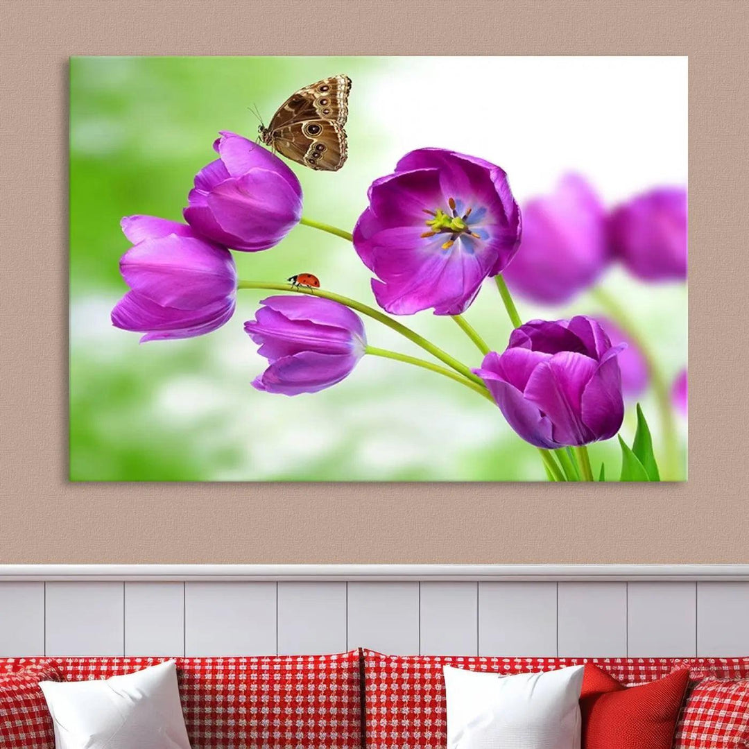 Purple Tulips, Butterfly and Ladybug Wall Art Floral Canvas Print 