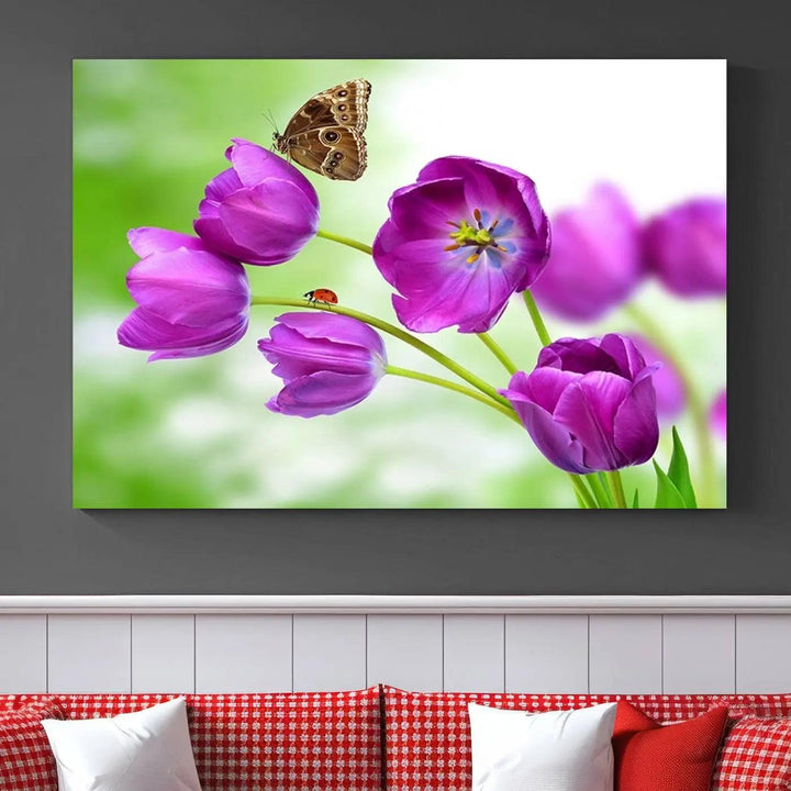 Purple Tulips, Butterfly and Ladybug Wall Art Floral Canvas Print 