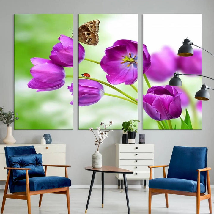 Purple Tulips, Butterfly and Ladybug Wall Art Floral Canvas Print 