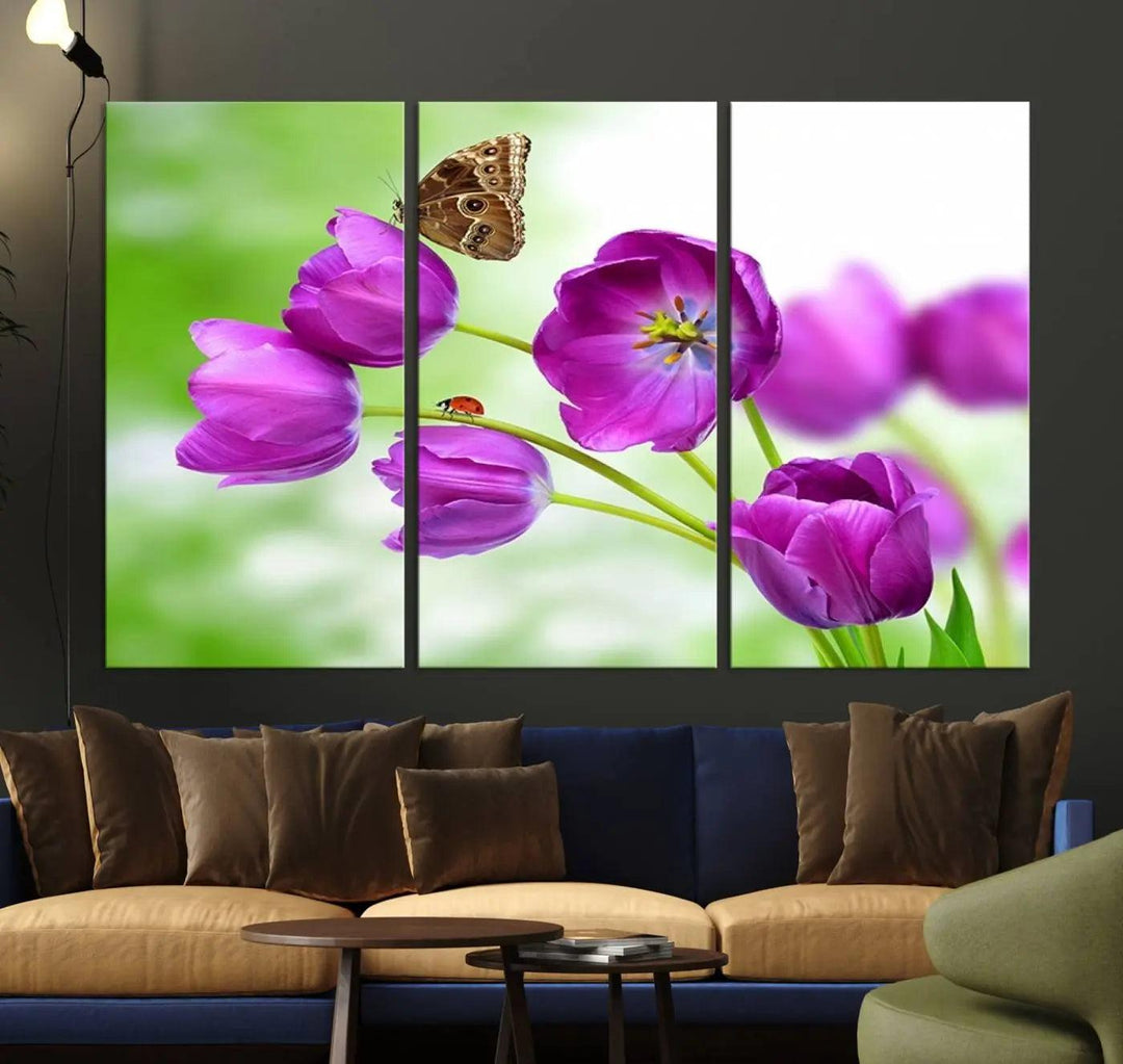 Purple Tulips, Butterfly and Ladybug Wall Art Floral Canvas Print 