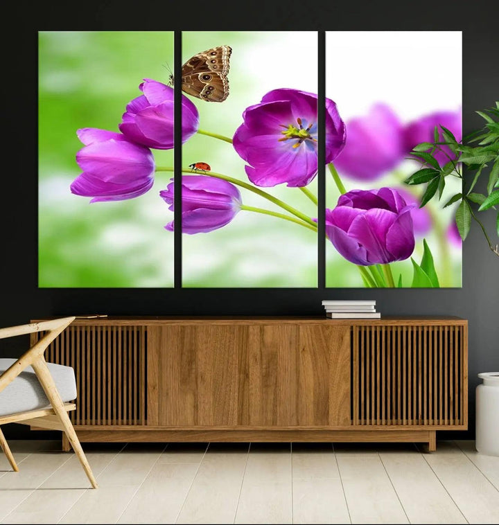 Purple Tulips, Butterfly and Ladybug Wall Art Floral Canvas Print 