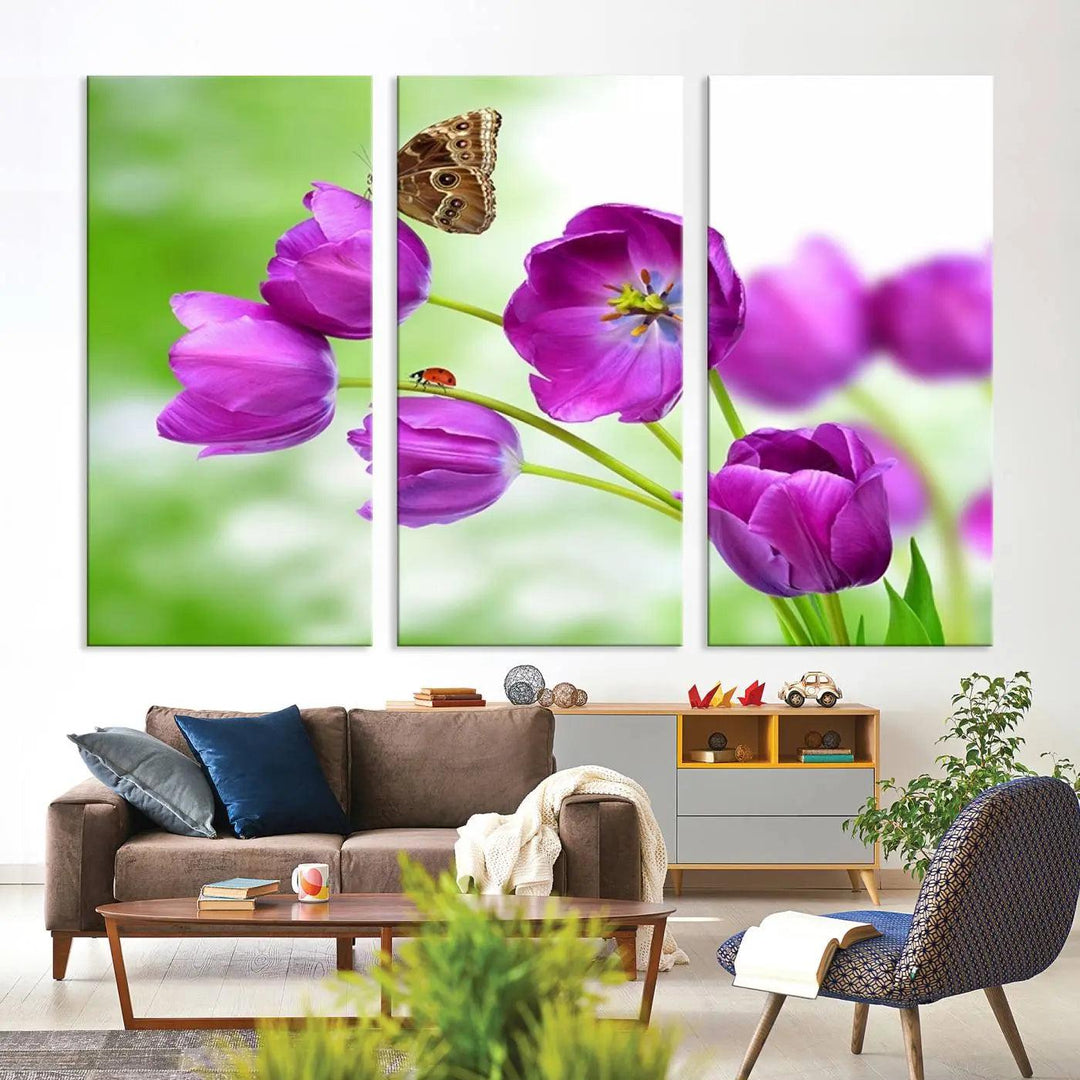 Purple Tulips, Butterfly and Ladybug Wall Art Floral Canvas Print 