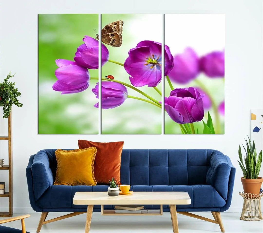 Purple Tulips, Butterfly and Ladybug Wall Art Floral Canvas Print 