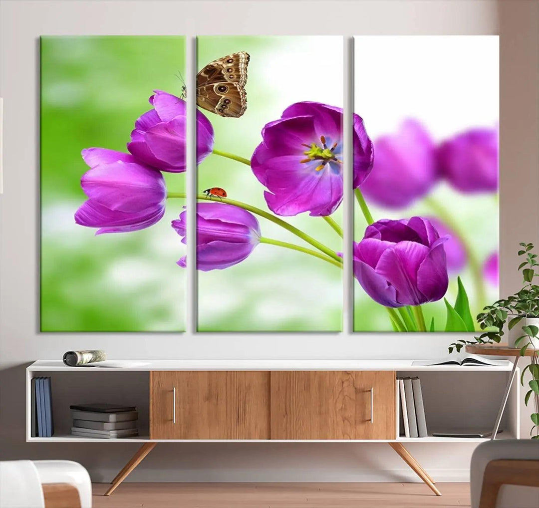 Purple Tulips, Butterfly and Ladybug Wall Art Floral Canvas Print 