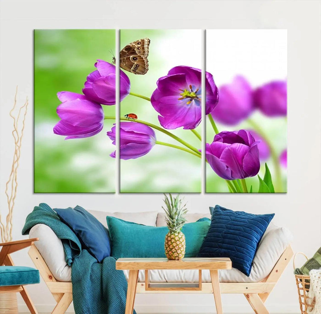 The Purple Tulips, Butterfly and Ladybug Wall Art Floral Canvas Print is a museum-quality piece elegantly displayed. Ready to hang, this artwork beautifully showcases a butterfly and ladybug amidst purple tulips.