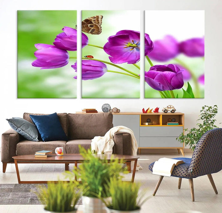 The Purple Tulips, Butterfly and Ladybug Wall Art Floral Canvas Print is a museum-quality piece elegantly displayed. Ready to hang, this artwork beautifully showcases a butterfly and ladybug amidst purple tulips.