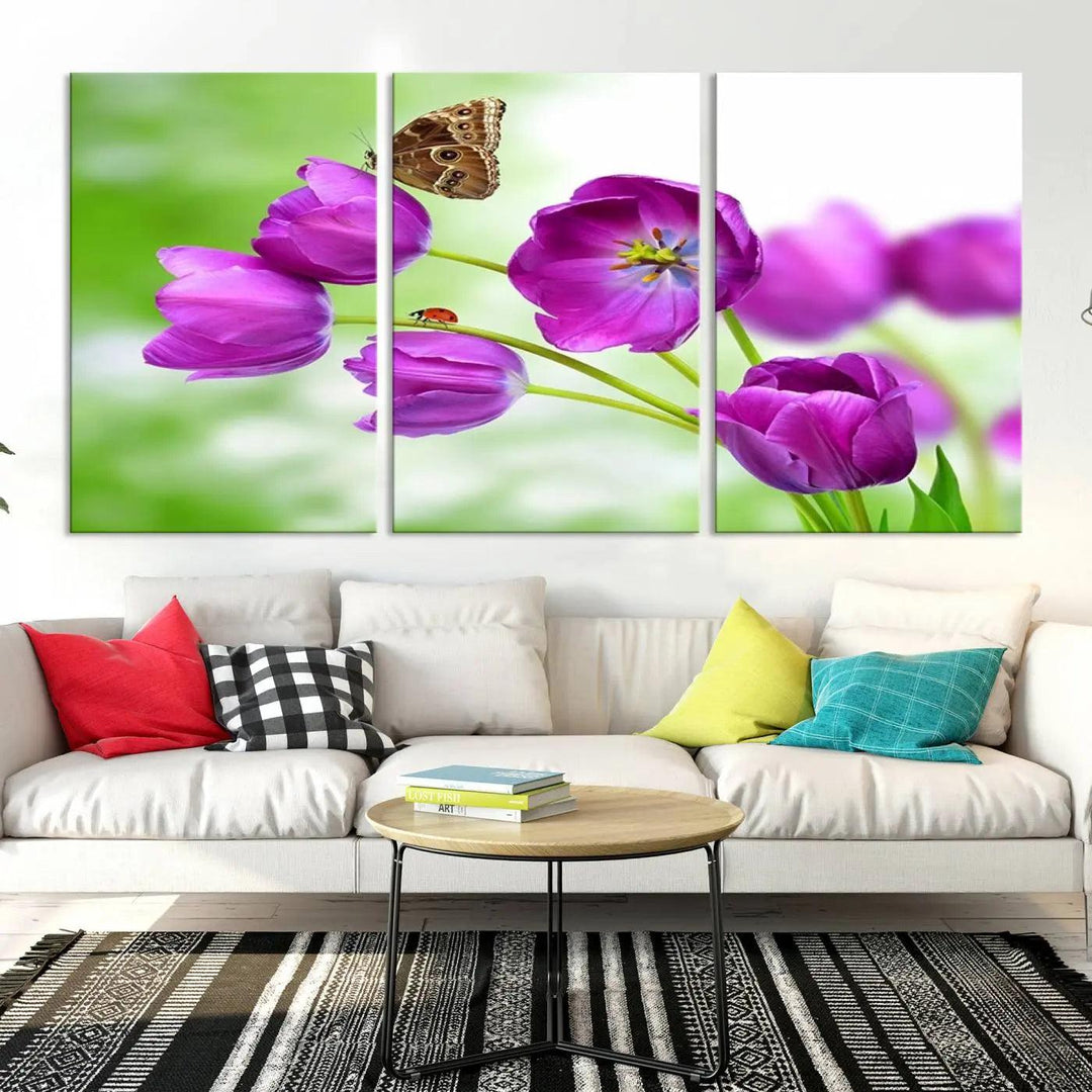 The Purple Tulips, Butterfly and Ladybug Wall Art Floral Canvas Print is a museum-quality piece elegantly displayed. Ready to hang, this artwork beautifully showcases a butterfly and ladybug amidst purple tulips.