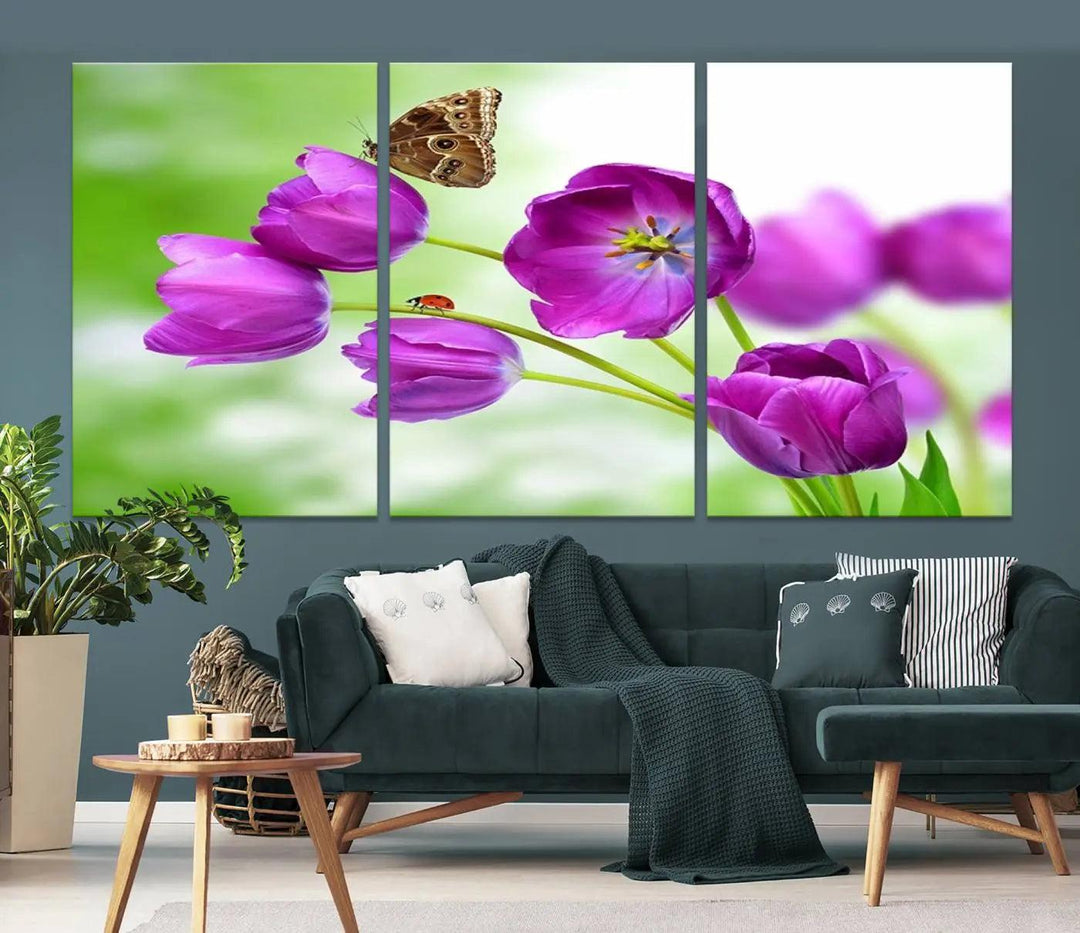 The Purple Tulips, Butterfly and Ladybug Wall Art Floral Canvas Print is a museum-quality piece elegantly displayed. Ready to hang, this artwork beautifully showcases a butterfly and ladybug amidst purple tulips.