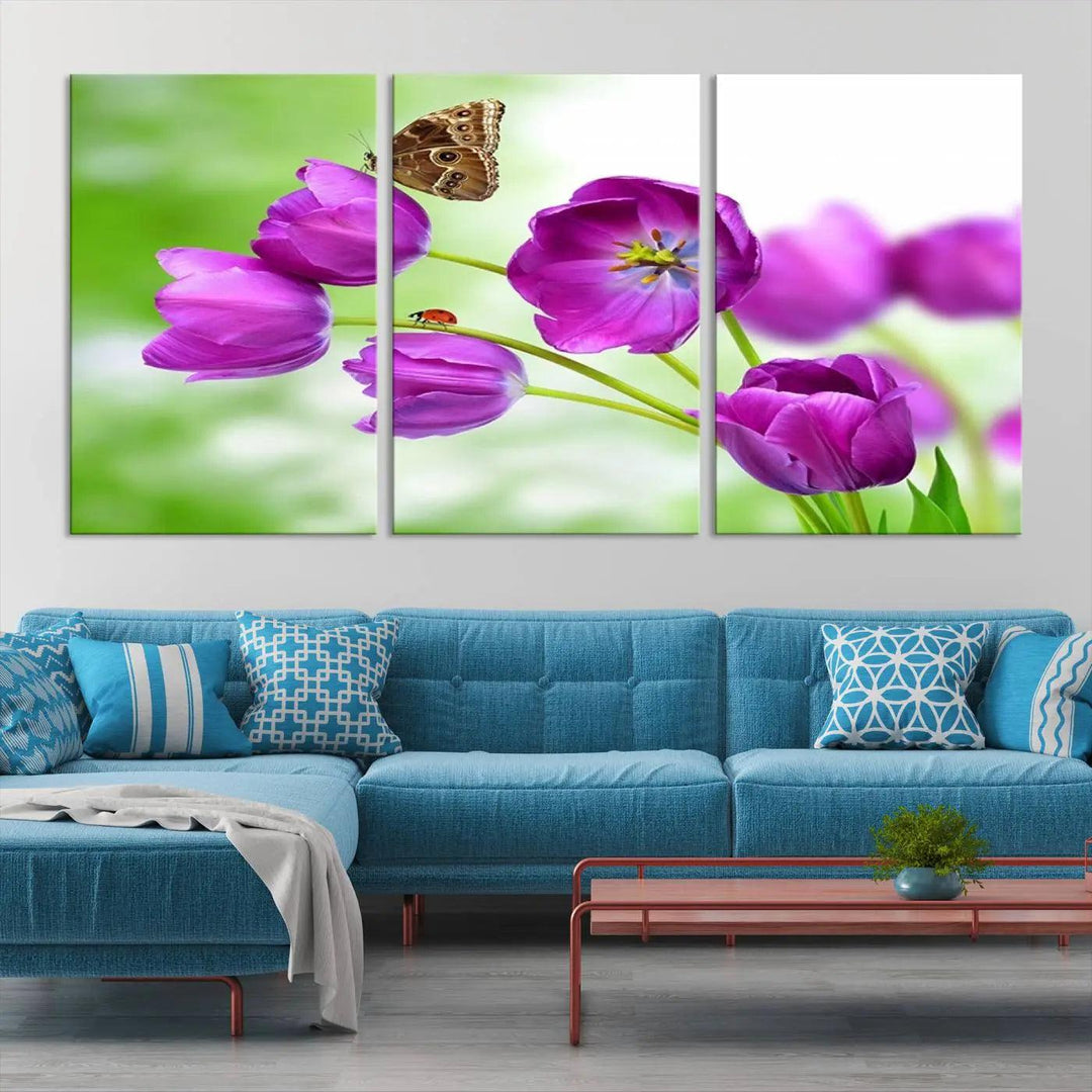 Purple Tulips, Butterfly and Ladybug Wall Art Floral Canvas Print 