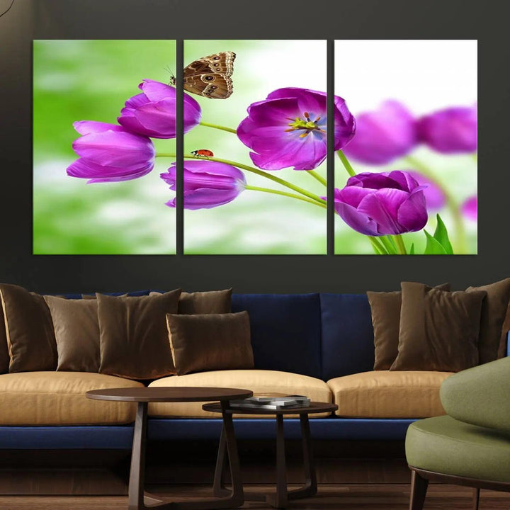 Purple Tulips, Butterfly and Ladybug Wall Art Floral Canvas Print 