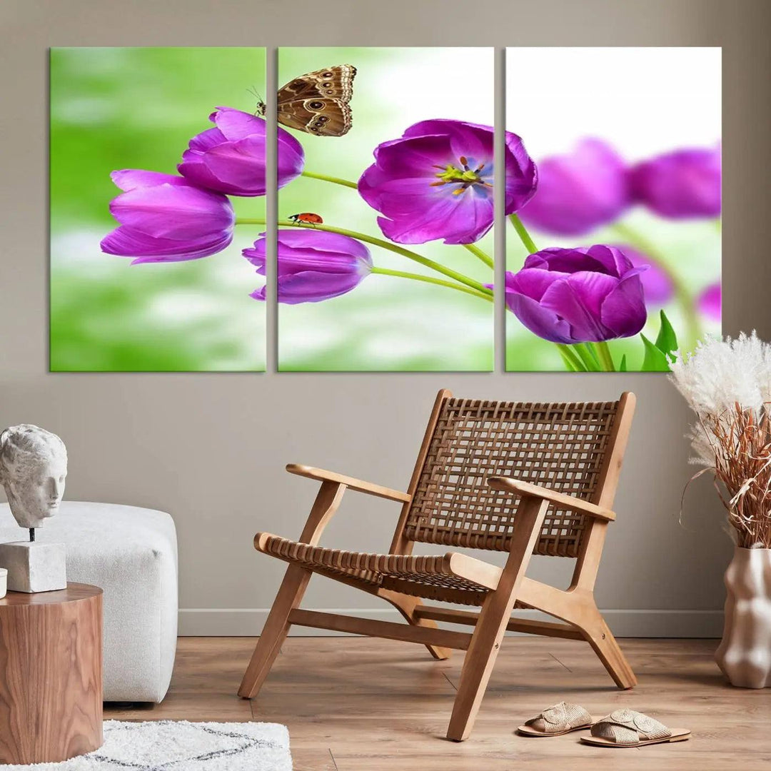 Purple Tulips, Butterfly and Ladybug Wall Art Floral Canvas Print 