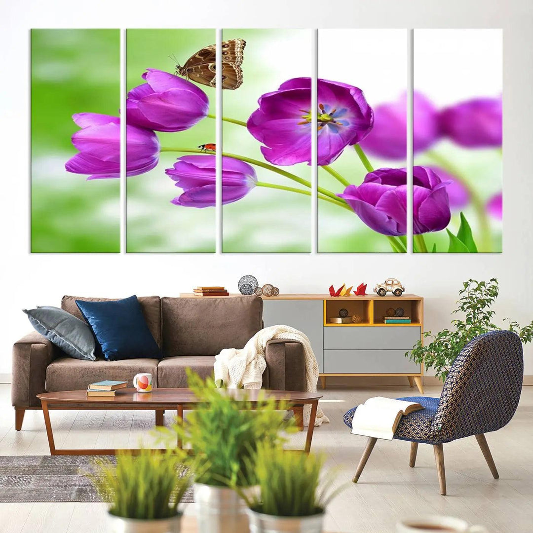 Purple Tulips, Butterfly and Ladybug Wall Art Floral Canvas Print 