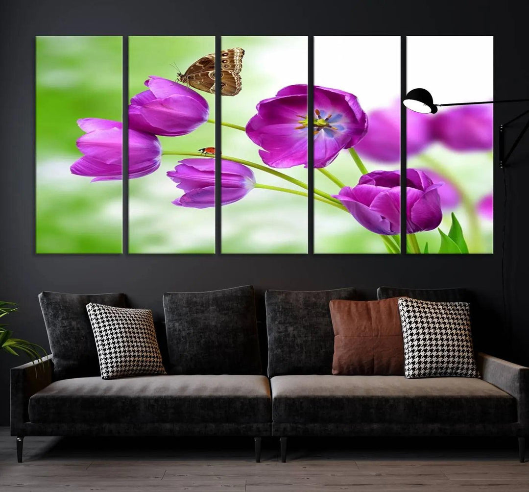 Purple Tulips, Butterfly and Ladybug Wall Art Floral Canvas Print 