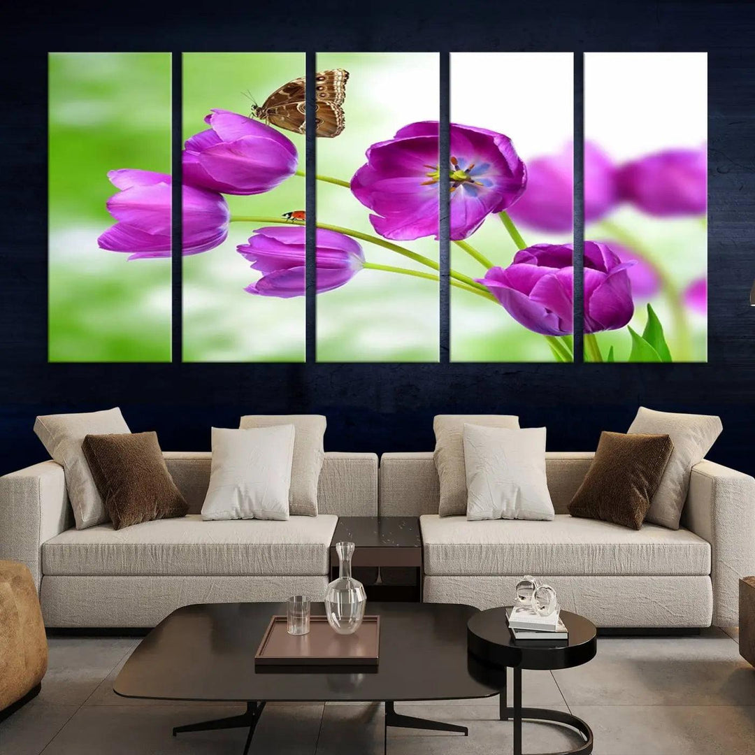 Purple Tulips, Butterfly and Ladybug Wall Art Floral Canvas Print 