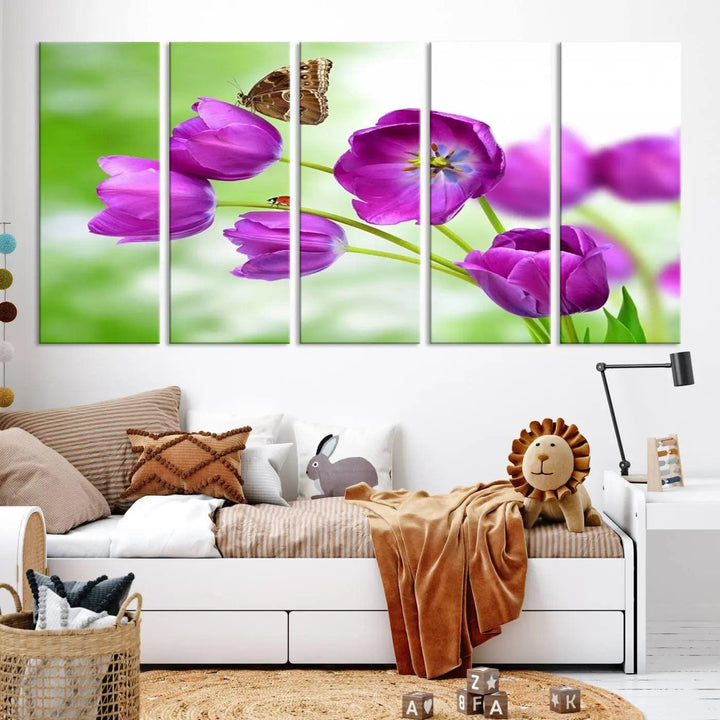 Purple Tulips, Butterfly and Ladybug Wall Art Floral Canvas Print 