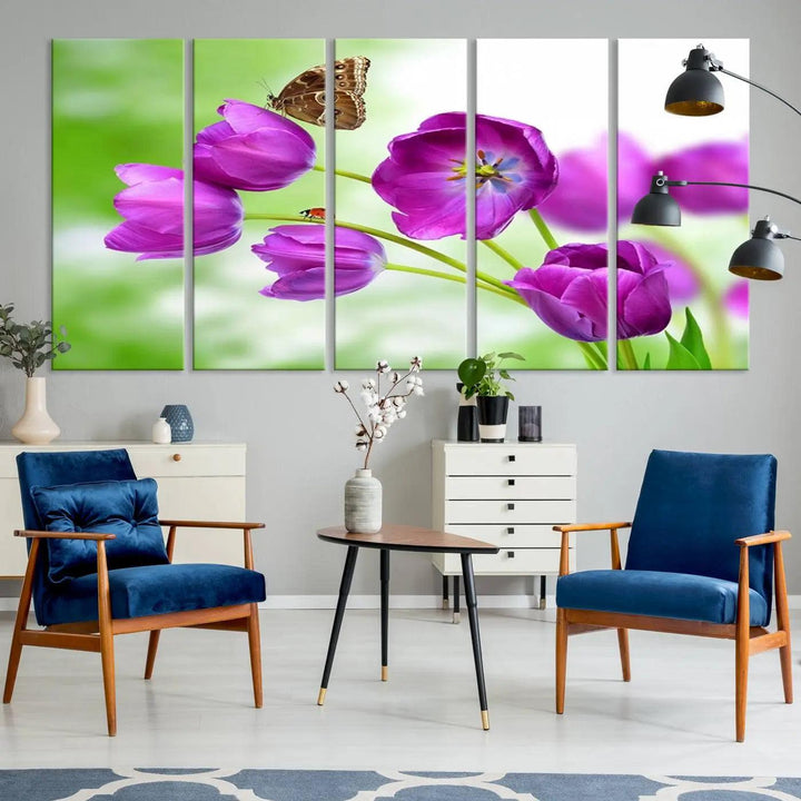 Purple Tulips, Butterfly and Ladybug Wall Art Floral Canvas Print 