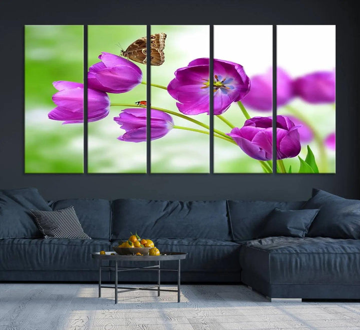 The Purple Tulips, Butterfly and Ladybug Wall Art Floral Canvas Print is a museum-quality piece elegantly displayed. Ready to hang, this artwork beautifully showcases a butterfly and ladybug amidst purple tulips.