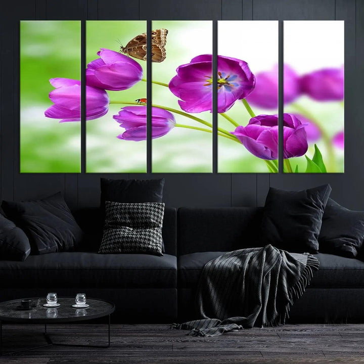 The Purple Tulips, Butterfly and Ladybug Wall Art Floral Canvas Print is a museum-quality piece elegantly displayed. Ready to hang, this artwork beautifully showcases a butterfly and ladybug amidst purple tulips.