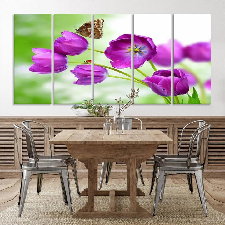 The Purple Tulips, Butterfly and Ladybug Wall Art Floral Canvas Print is a museum-quality piece elegantly displayed. Ready to hang, this artwork beautifully showcases a butterfly and ladybug amidst purple tulips.