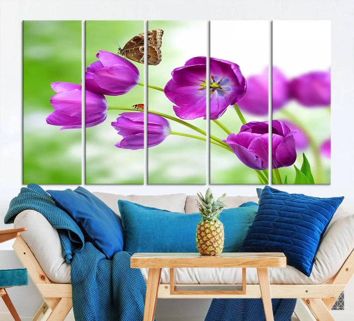 Purple Tulips, Butterfly and Ladybug Wall Art Floral Canvas Print 