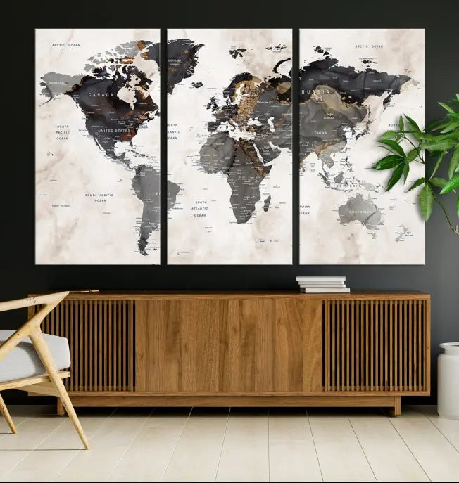 The Push Pin Custom World Map Watercolor Wall Art Canvas Print, stretched on museum-quality canvas and treated with a UV-protective coating, adorns the space.