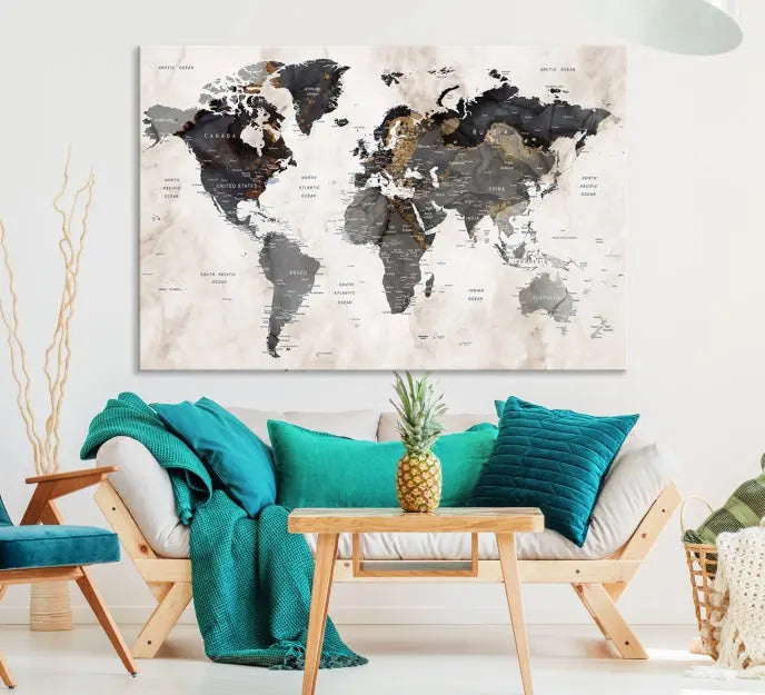 The Push Pin Custom World Map Watercolor Wall Art Canvas Print, stretched on museum-quality canvas and treated with a UV-protective coating, adorns the space.