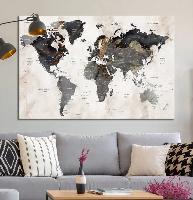 The Push Pin Custom World Map Watercolor Wall Art Canvas Print, stretched on museum-quality canvas and treated with a UV-protective coating, adorns the space.