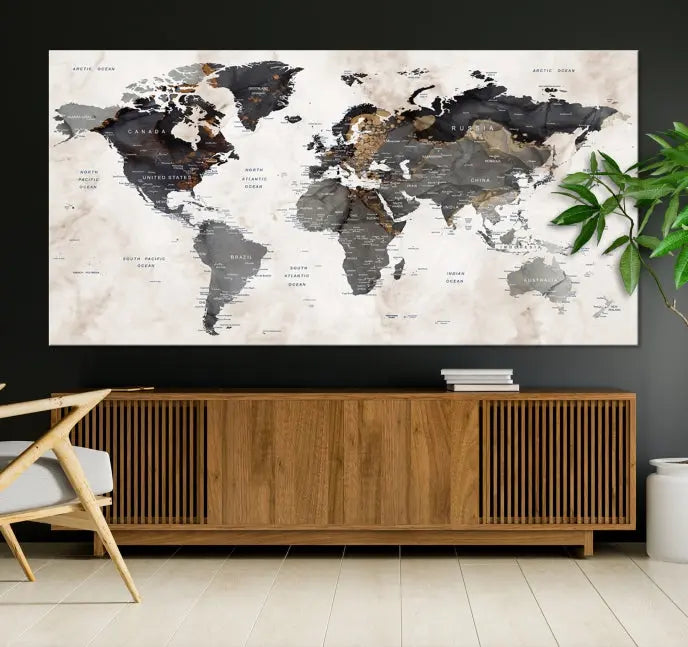 The Push Pin Custom World Map Watercolor Wall Art Canvas Print, stretched on museum-quality canvas and treated with a UV-protective coating, adorns the space.