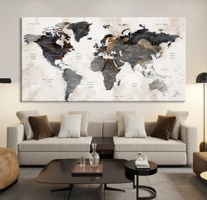 The Push Pin Custom World Map Watercolor Wall Art Canvas Print, stretched on museum-quality canvas and treated with a UV-protective coating, adorns the space.