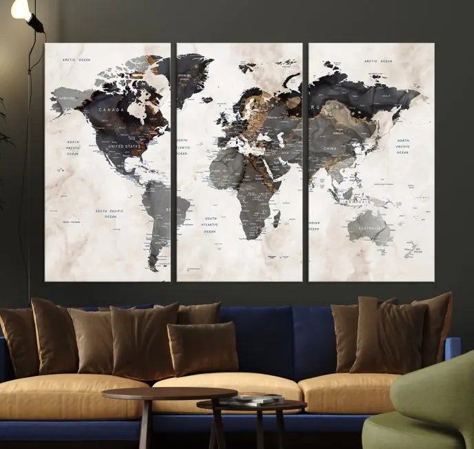 The Push Pin Custom World Map Watercolor Wall Art Canvas Print, stretched on museum-quality canvas and treated with a UV-protective coating, adorns the space.