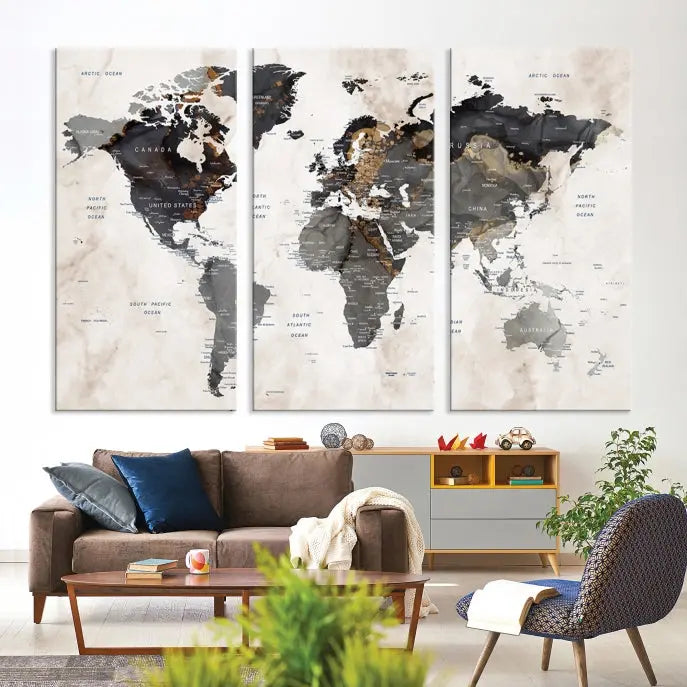 The Push Pin Custom World Map Watercolor Wall Art Canvas Print, stretched on museum-quality canvas and treated with a UV-protective coating, adorns the space.