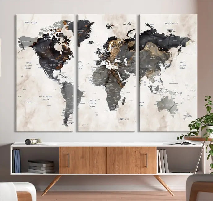 The Push Pin Custom World Map Watercolor Wall Art Canvas Print, stretched on museum-quality canvas and treated with a UV-protective coating, adorns the space.