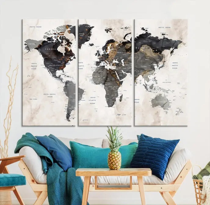 The Push Pin Custom World Map Watercolor Wall Art Canvas Print, stretched on museum-quality canvas and treated with a UV-protective coating, adorns the space.