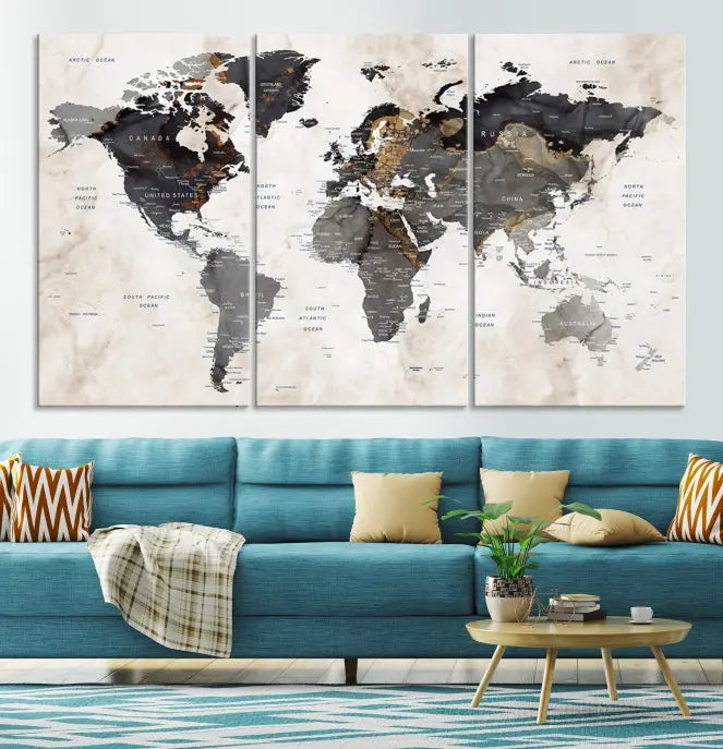 The Push Pin Custom World Map Watercolor Wall Art Canvas Print, stretched on museum-quality canvas and treated with a UV-protective coating, adorns the space.